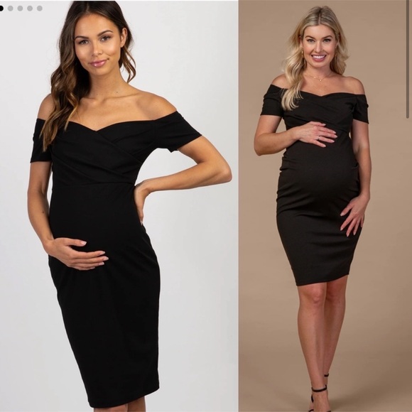 PinkBlush Black Off Shoulder Sweetheart Neckline
Maternity Fitted Mini Dress - Picture 1 of 11